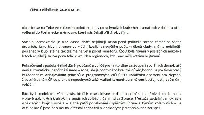 Dokument: Dopis Bohuslava Sobotky členům sociální demokracie