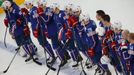 France's players react after their men's ice hockey World Championship quarter-final game against Russia at Minsk Arena in Minsk May 22, 2014. REUTERS/Alexander Demianchu