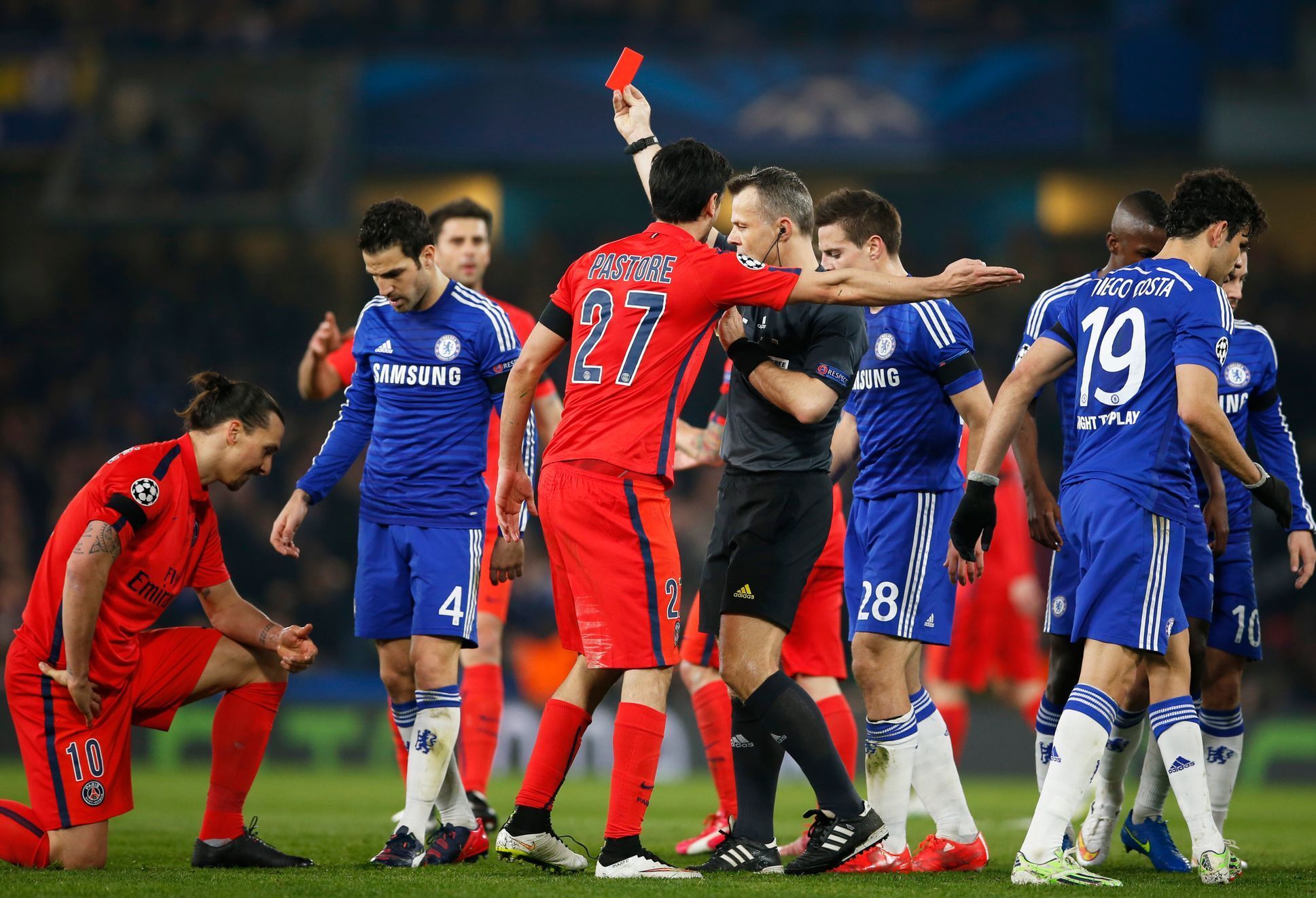Football: PSG's Zlatan Ibrahimovic is shown a red card by referee Bjorn Kuipers