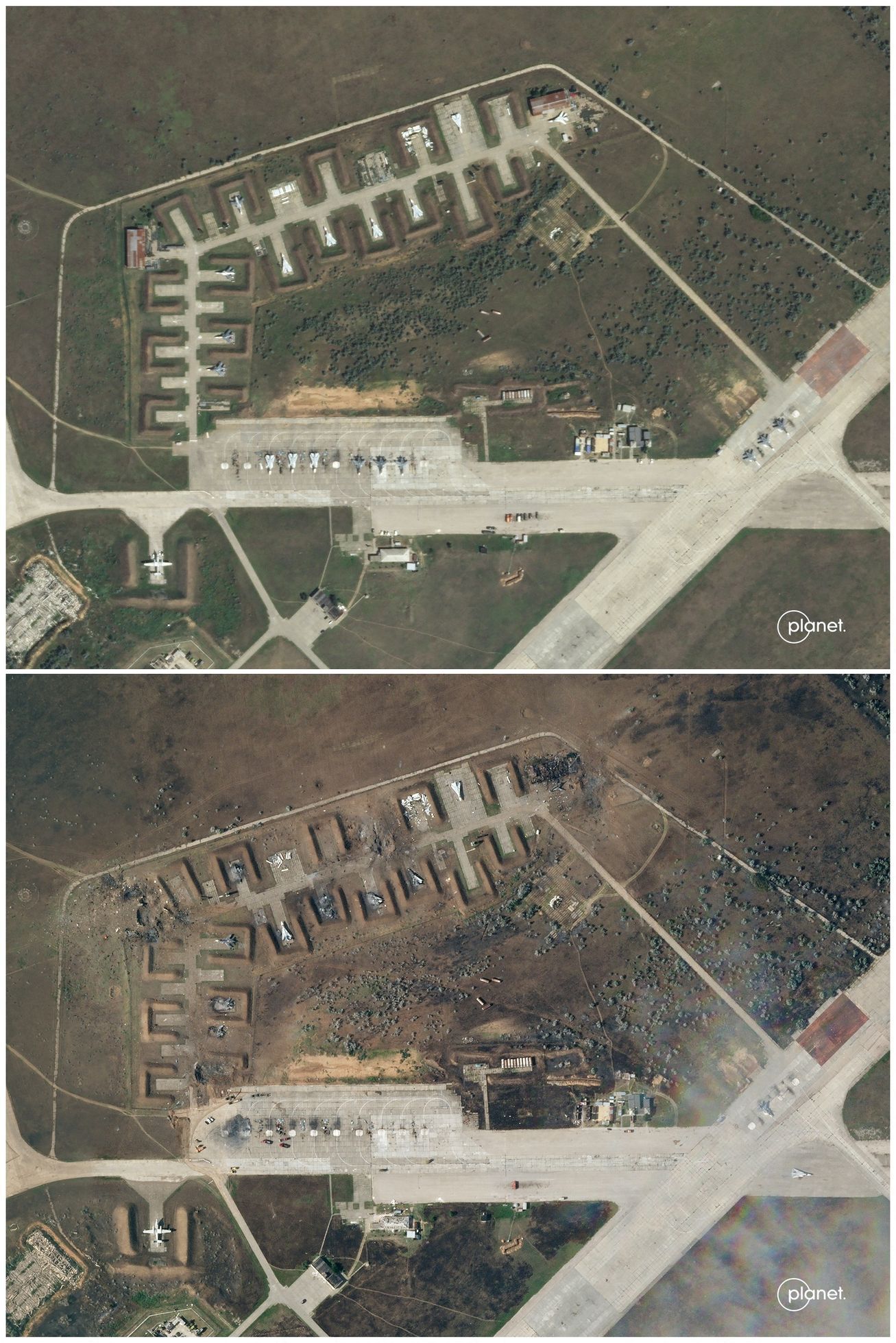 Srovnání snímků letiště Saky na Krymu. Nahoře 9.srpna před útokem, nahoře 10.srpna po útoku.