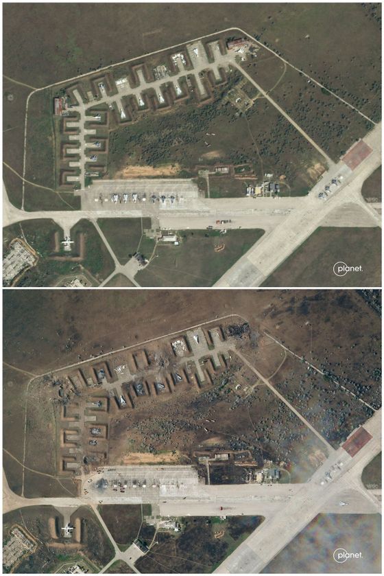 Srovnání snímků letiště Saky na Krymu. Nahoře fotka z 9. srpna před útokem, dole z 10. srpna po úderu.