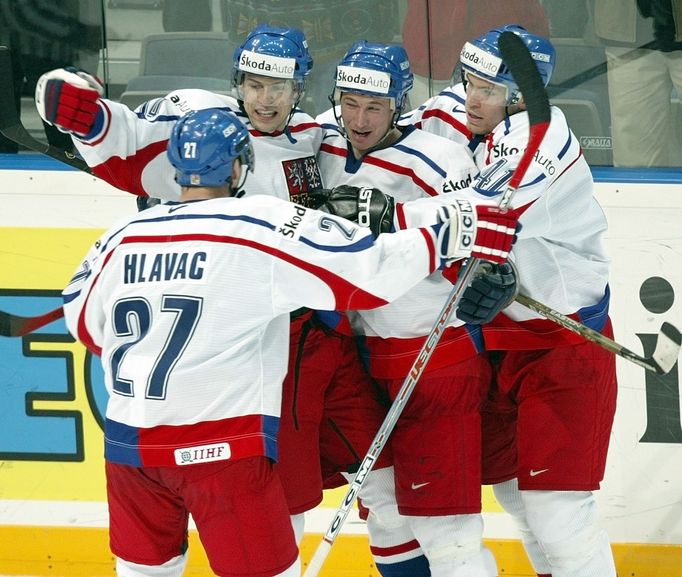 MS v hokeji 2004 (Praha): Jan Hlaváč, Milan Kraft, Martin Škoula a František Kaberle