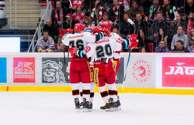 Třinec - Hradec, 4. semifinále play-off hokejové extraligy 2018: Radost hradeckých hokejistů po vyrovnání na 1:1