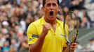 Španělský tenista Nicolas Almagro se raduje v utkání se Srbem Janko Tipsarevičem během osmifinále French Open 2012.