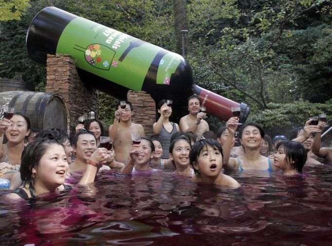 Visitors toast with their glass filled with Beaujolais Nouveau as they soak inside a "Beaujolais Nouveau bath" at a hot springs spa resort in Hakone, west of Tokyo November 15, 2007, to celebrate its launch. Visitors will be able to enjoy the bath which incorporates real Beaujolais Nouveau along with bathwater additives until November 25, the resort said. REUTERS/Toshi Maeda (JAPAN)