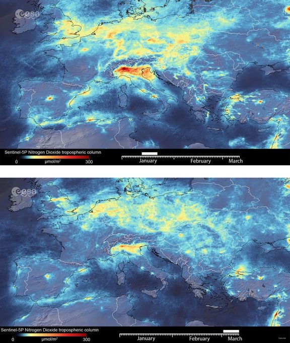 Kombinace dvou obrázků ukazuje kolísání emisí oxidu dusičitého v celé Evropě od ledna 2020 do 11. března 2020.