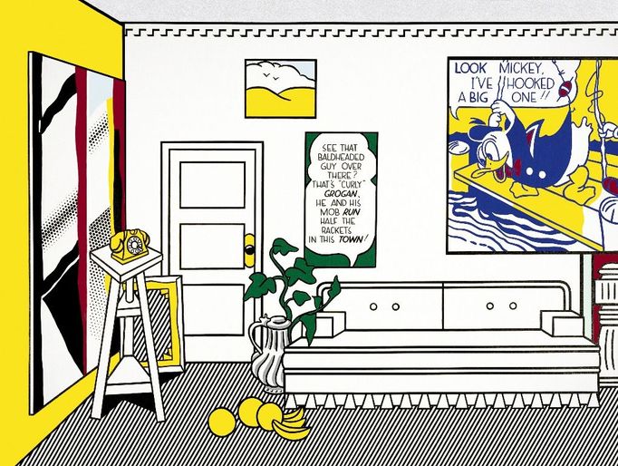 Roy Lichtenstein: Artist's Studio No. 1 (Look Mickey), 1973. V 70. letech Lichtenstein maloval ateliéry a pokoje umělců. Nad pohovkou pořád visí Look Mickey. Jedná se o reprodukci reprodukce ilustrace dětské knížky, která byla nejdřív nakreslena rukou a pak strojově namnožena. Reprodukování bylo Lichtensteinovou velkou zábavou.