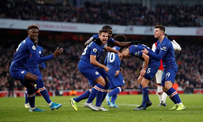 Soccer Football - Premier League - Arsenal v Chelsea - Emirates Stadium, London, Britain - December 29, 2019 Chelsea's Jorginho celebrates scoring their first goal with t