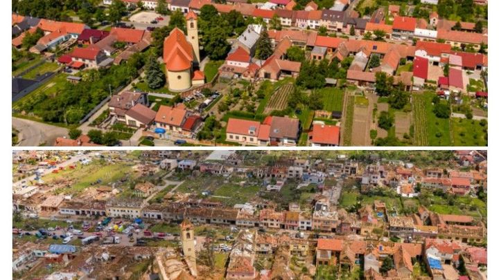 Před a po tornádu. Panoramatické snímky ukazují, jak se změnila Moravská Nová Ves; Zdroj foto: Vitrualtravel