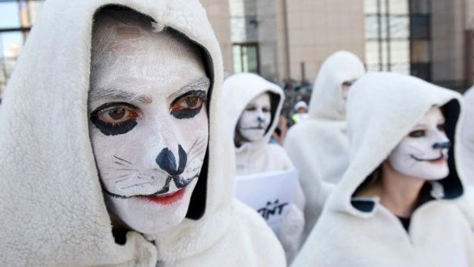 Aktivisté propagující celkový zákaz dovozu tuleních produktů, Brusel, 1. července