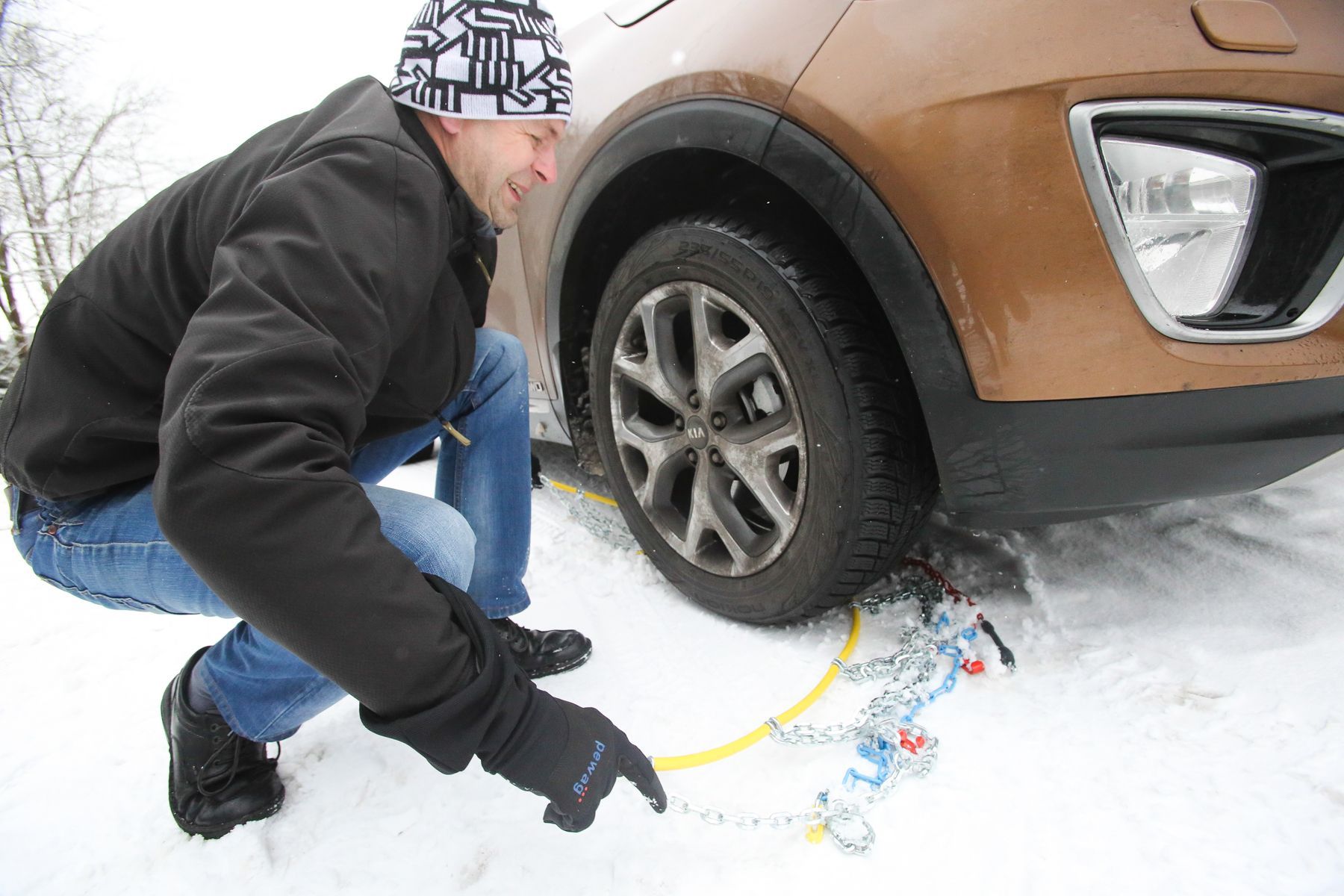 Zimní řetězy a testování Kia Sorento