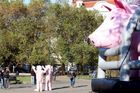 Velký bratr tě vidí - na happeningu občanského sdružení Společnost pro zvířata, byli k vidění také maskoti v růžových kostýmcích...