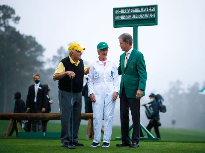 Golf - The Masters - Augusta National Golf Club - Augusta, Georgia, U.S. - November 12, 2020 Honorary starter Jack Nicklaus with chairman of Augusta National Golf Club Fr