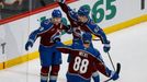 Feb 26, 2025; Denver, Colorado, USA; Colorado Avalanche center Nathan MacKinnon (29) celebrates his goal with center Martin Necas (88) and left wing Artturi Lehkonen (62)