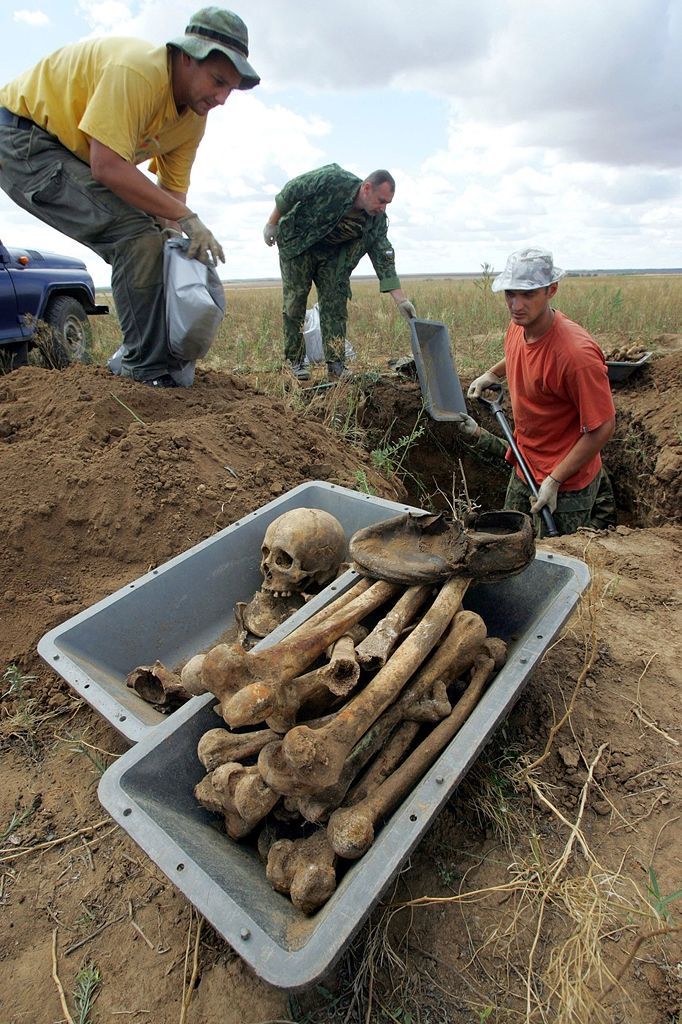 Russia - Remains - WWII - Battle for Stalingrad Russian staffers of the German war graves agency "Voksbund Deutscher Kriegsgraeberfuersorge" dig for the remains of soldiers killed in action during the WWII Battle for Stalingrad near Gumrak.