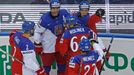 Tomas Hertl of the Czech Republic (top R) celebrates his goal against Sweden with team mates during the first period of their men's ice hockey World Championship Group A