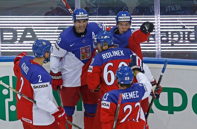 Tomas Hertl of the Czech Republic (top R) celebrates his goal against Sweden with team mates during the first period of their men's ice hockey World Championship Group A