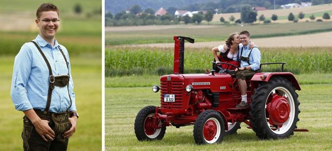 Díváte se na Stephana Meiera, nejmladšího kandidáta bavorské CSU v nadcházejících volbách. Dvaadvacetiletý student strojírenství soudí, že největší hrozbou je nyní kolaps eurozóny. "Byla by to katastrofa pro každého... Politicky bych se chtěl zasadit o další rozvoj Bavorska a celého Německa. Mojí motivací, proč jít do politiky, je pocit společenské odpovědnosti a touha posouvat věci kupředu," uvedl Meier. Na snímku pózuje s přítelkyní Franziskou Neffovou, na traktoru spolu brázdí krajinu u Mühlhausenu poblíž Regensburku.