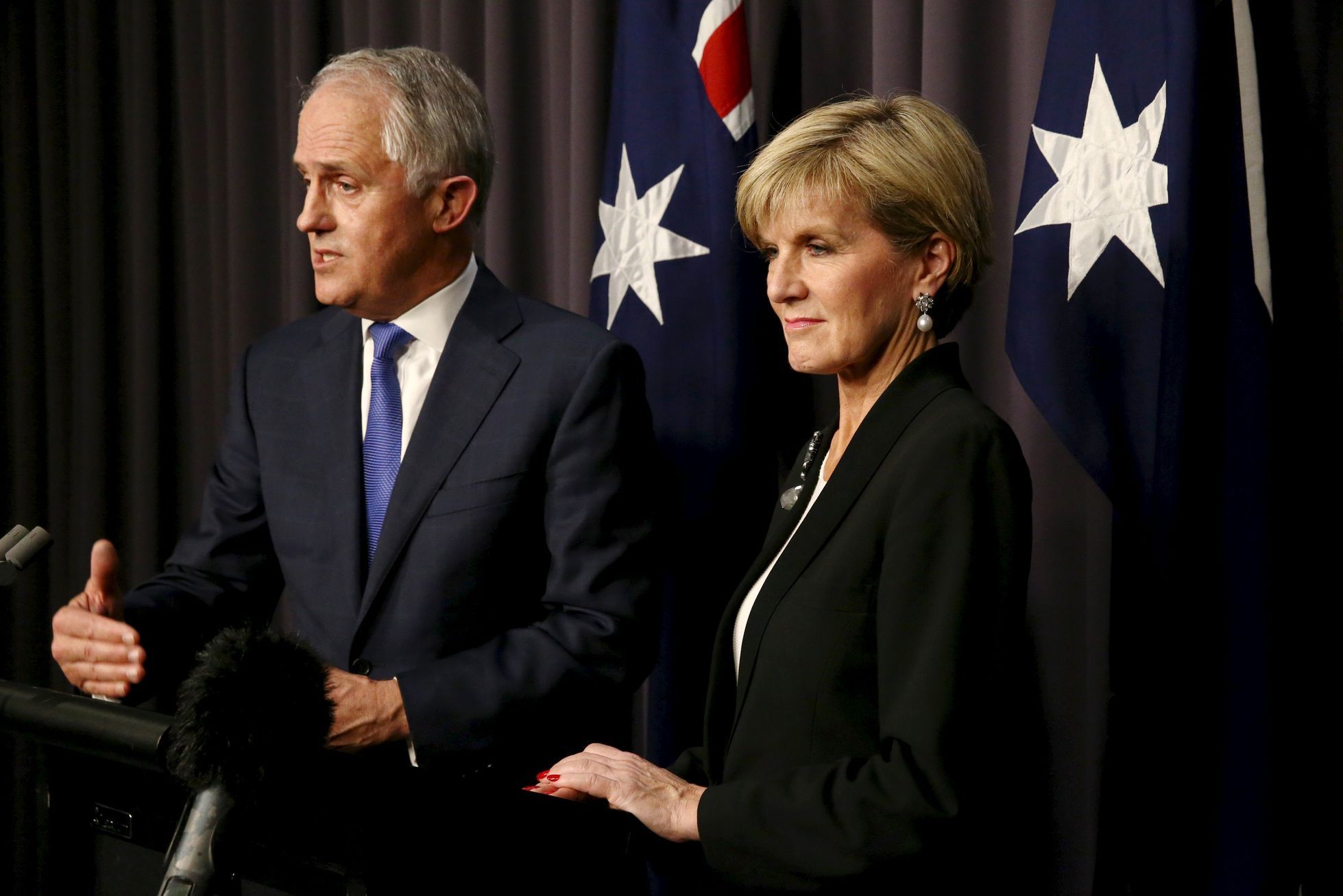 Malcolm Turnbull speaks to the media alongside Australian Foreign Minister Julie Bishop following in Canberra