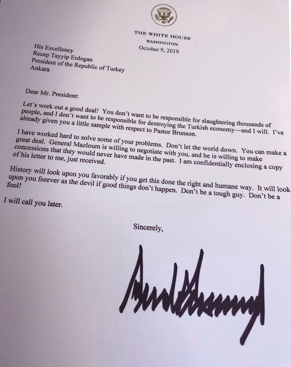 Trumpův dopis adresovaný Erdoganovi
