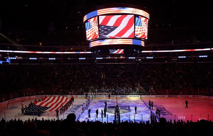 Jun 4, 2014; Los Angeles, CA, USA; A general view during the playing of the national anthem before game one of the 2014 Stanley Cup Final between the New York Rangers and