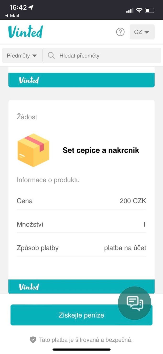 Screenshot z Vinted podvodné stránky. Po kliknutí na "získat" peníze se prodávající dostal na stránku, kam měl zadat číslo karty - viz další obrázek.