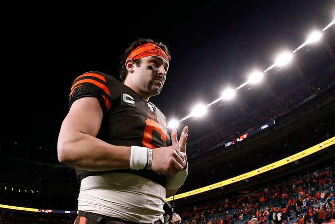 Nov 3, 2019; Denver, CO, USA; Cleveland Browns quarterback Baker Mayfield (6) walks off the field after the game against the Denver Broncos at Empower Field at Mile High.