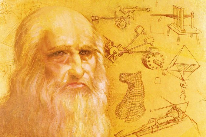 Kreslený portrét Leonarda da Vinciho. Koláž