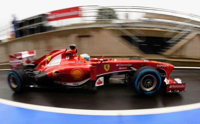 Ferrari Formula One driver Fernando Alonso of Spain exits the pit lane during first practice ahead of the British Grand Prix at the Silverstone Race circuit, central Engl