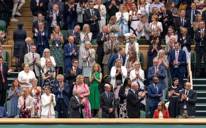 Tennis - Wimbledon - All England Lawn Tennis and Croquet Club, London, Britain - June 28, 2021 The Royal Box on centre court stands and applauds Oxford University and Ast