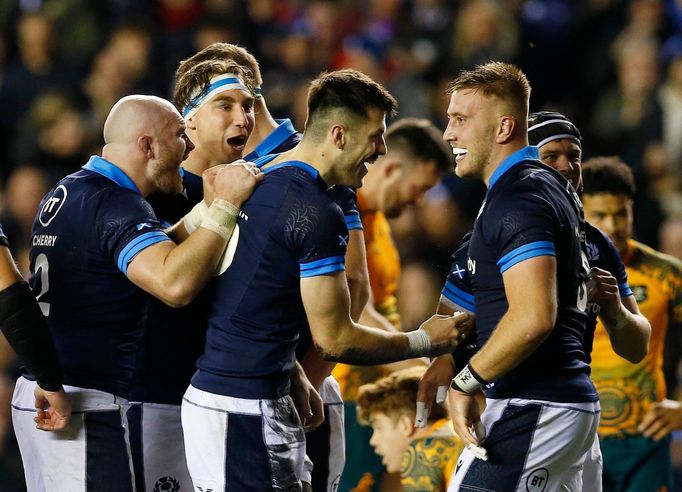 Rugby Union - International - Scotland v Australia - Murrayfield Stadium, Edinburgh, Scotland, Britain - October 29, 2022 Scotland's Blair Kinghorn celebrates scoring the