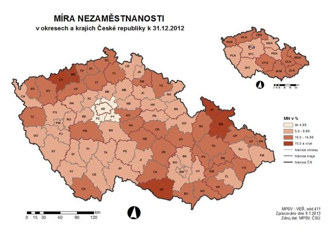 Nezaměstnanost v prosinci podle regionů (klikněte pro zvětšení)