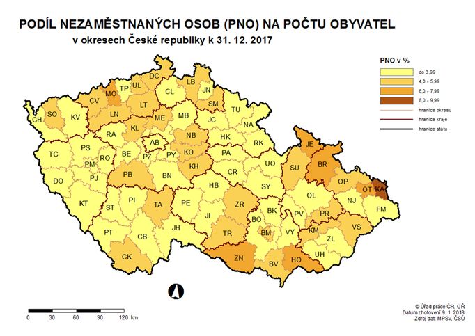 Mapa nezaměstnanosti podle regionů - prosinec 2017