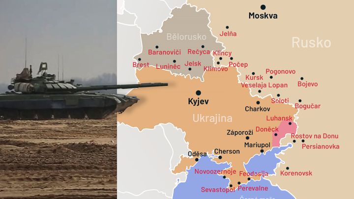 Přehledná mapa: Podívejte se, jak ruská armáda ze tří stran sevřela Ukrajinu; Zdroj foto: Aktuálně.cz