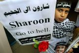 Palestinský chlapec drží transparent oslavující kritický zdravotní stav "nepřítele" - izraelského premiéra Ariela Šarona. Někteří Palestinci však oceňují Šaronův přínos mírovému procesu na Blízkém Východě.