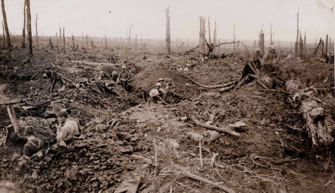 British troops are pictured in trenches on the devastated battlefield during the battle of the Somme in this 1916 handout picture.