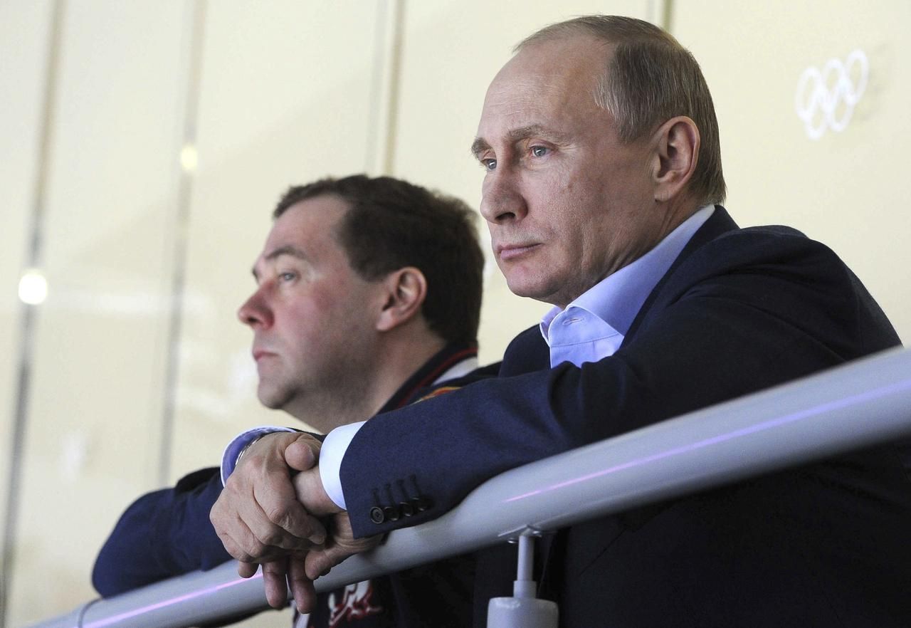 Putin a Medveděv - zápas Rusko-Slovensko - hokej
