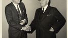 This Dec. 2, 1959 photo provided by John McInnis Auctioneers in Amesbury, Mass., shows late Presidents John F. Kennedy, left, and Harry Truman. The photograph is among items to be auctioned Sunday, Feb. 17, 2013. The family of David Powers, a former special assistant to President John F. Kennedy, is auctioning hundreds of photographs, documents, gifts and other memorabilia that once belonged to the late president. (AP Photo/John McInnis Auctioneers)