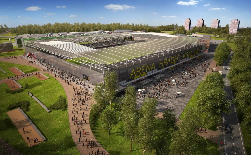Nový fotbalový stadion FK Hradec Králové spojený s obchodním centrem