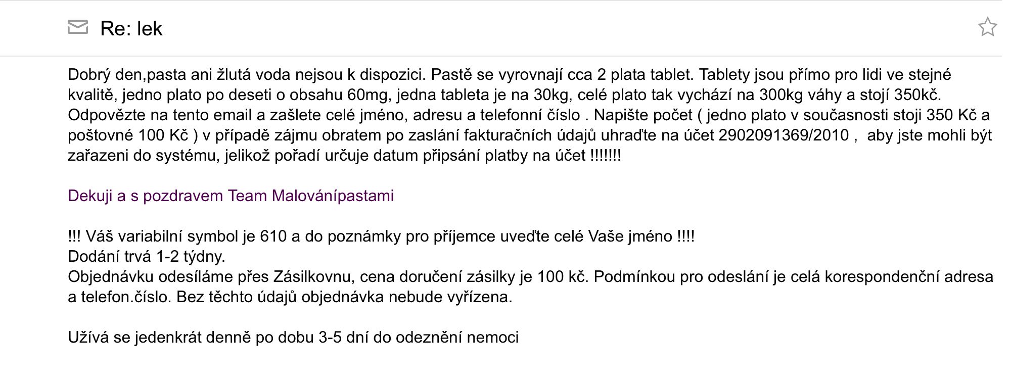 Zpráva s nabídkou Ivermektinu, která dorazila, když ho Aktuálně.cz poptalo na e-mailu z Netíkova profilu.