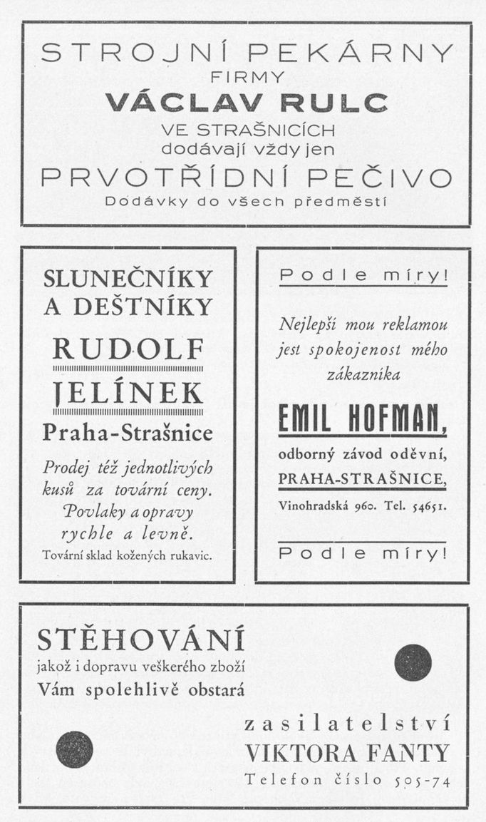 Ukázka starých reklamních inzerátů firem, které působily ve Strašnicích. Nedatovaný snímek (pořízen cca před rokem 1934).