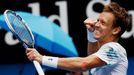 Tomáš Berdych při vítězném čtvrtfinále Australian Open s Rafaelem Nadalem.