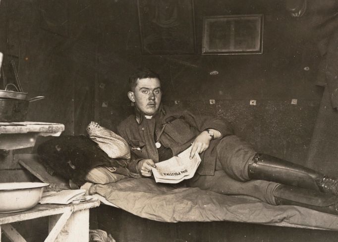 An Austro-Hungarian soldier is pictured in a bunker in an unknown location in this 1916 handout picture.