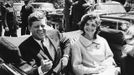 Former United States President John F. Kennedy and first lady Jackie Kennedy sit in a car in front of Blair House during the arrival ceremonies for Habib Bourguiba, president of Tunisia, in Washington, in this handout image taken on May 3, 1961.