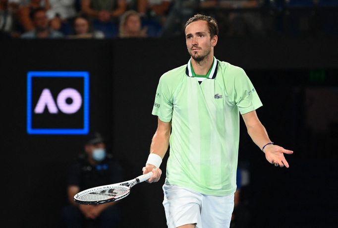 Tennis - Australian Open - Men's Singles Final - Melbourne Park, Melbourne, Australia - January 31, 2022 Russia's Daniil Medvedev reacts during the final against Spain's