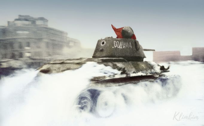 Tank T-34 Rudé armády během bitvy o Stalingrad, 1943.