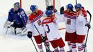 Jan Kolar of the Czech Republic (R) celebrates his goal with team mates as France's goalie Florian Hardy (L) reacts during the overtime period of their men's ice hockey W