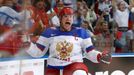 Russia's Alexander Ovechkin celebrates after scoring a goal against Finland during the second period of their men's ice hockey World Championship final game at Minsk Aren