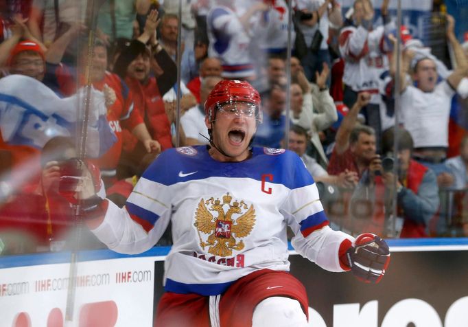 Russia's Alexander Ovechkin celebrates after scoring a goal against Finland during the second period of their men's ice hockey World Championship final game at Minsk Aren