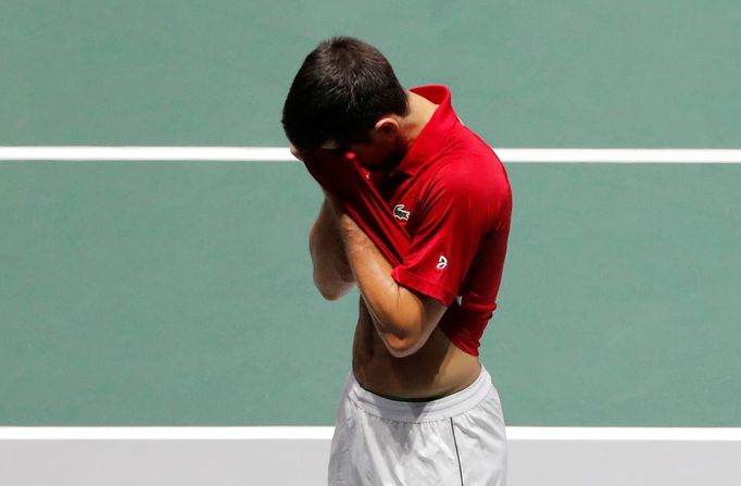 Tennis - Davis Cup Finals - Quarter-Final - Caja Magica, Madrid, Spain - November 22, 2019   Serbia's Novak Djokovic reacts after losing his doubles match against Russia'